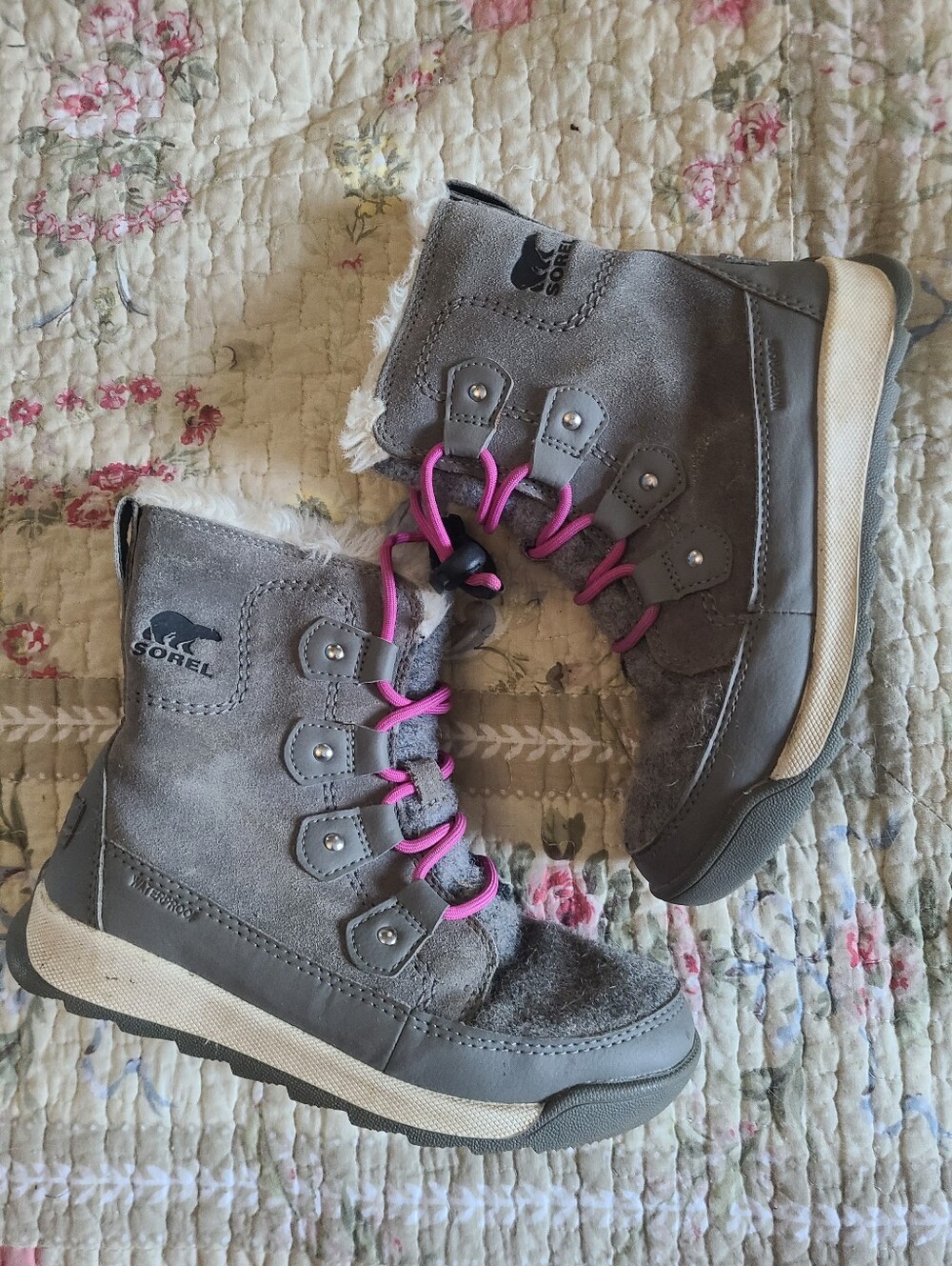 Sorel Kids Gray Suede Winter Boots with Pink Laces